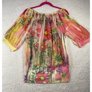 Steps Floral Sheer Blouse Womens Medium Pink Yellow Green Chiffon Top